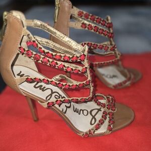 Sam Edelman Tan 4” Sandal/Heels with Stunning Red Bead Detail- Women's Size 10